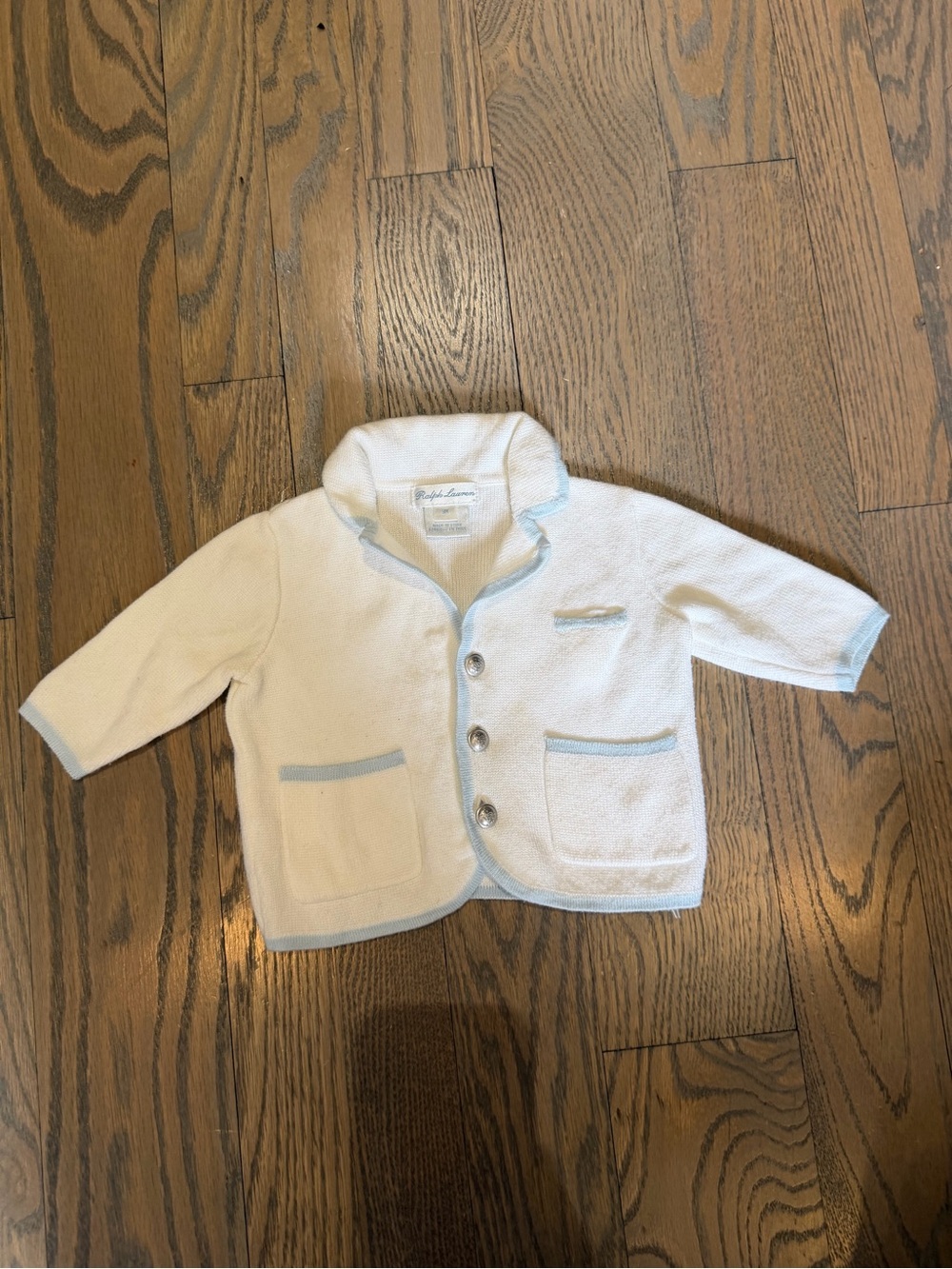 Ralph Lauren Cream Baby Cardigan with Light Blue Trim